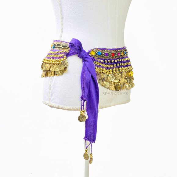 Belly Dancer Costume Purple Wig Jewel Coin Scarf Belt Festival Halloween Party - Picture 3 of 14